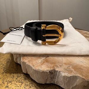 Salvatore Ferragamo Black Belt with Gold Horseshoe Buckle